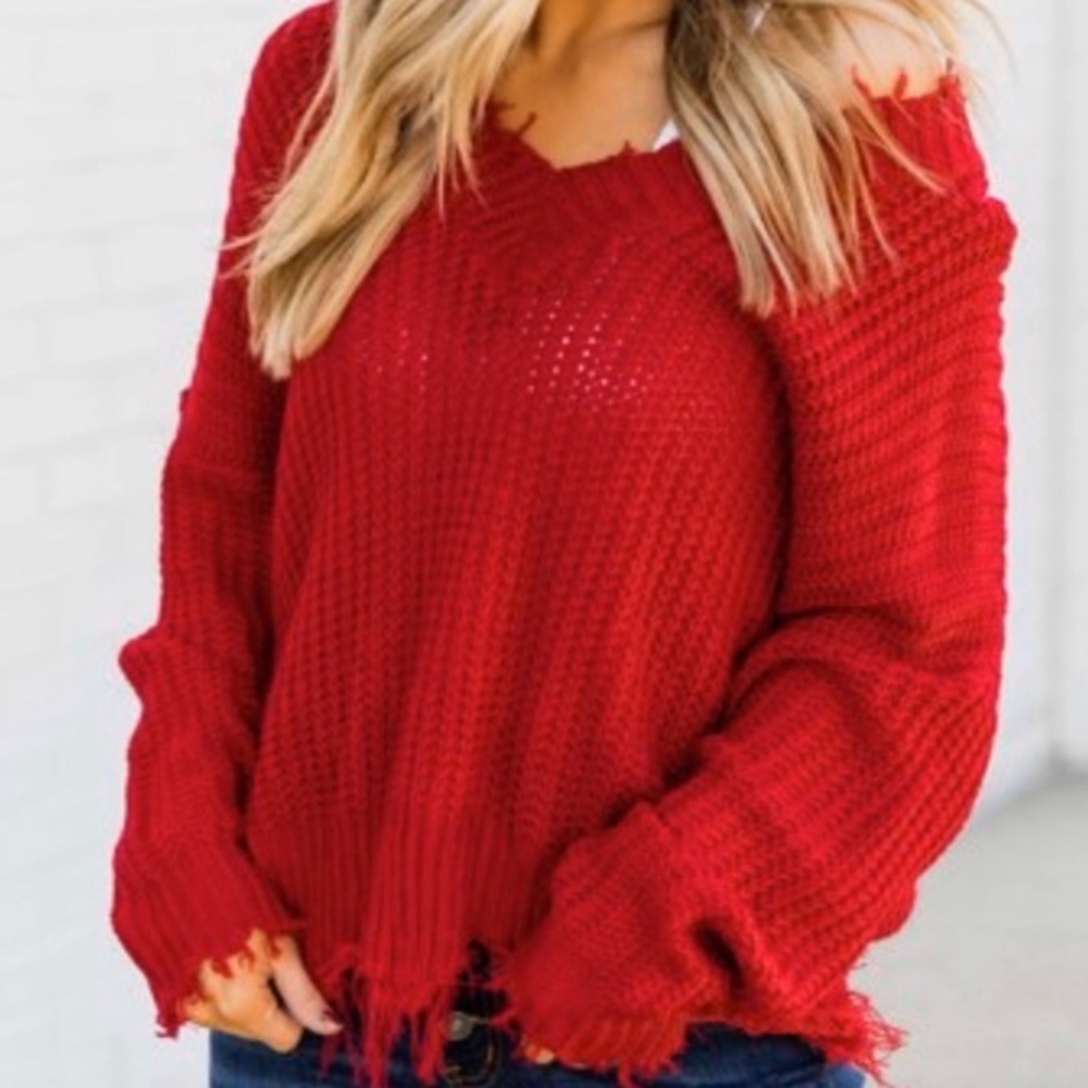 NWOT Distressed Red Oversized L/S Sweater Small
